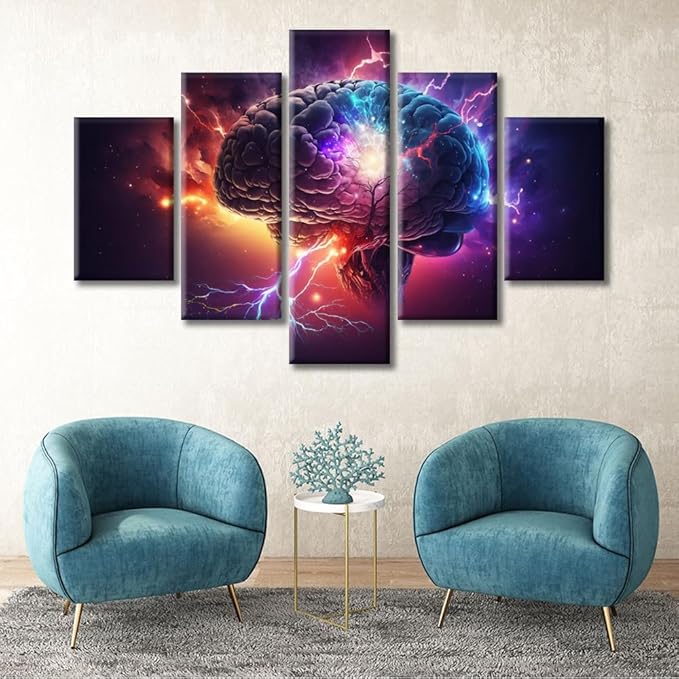 Canvas Wall Art Brain Power Lightning Wall Art for Bedroom Abstract Brain Wall Decor Art Paintings 5 Pieces Neuronal Impulses Modern Giclee Artwork for Office Home Decor Ready to Hang (60"Wx40"H)