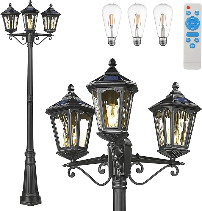Lamp Post Lights 3-Head Outdoor Solar Post Lamp with High Posts, Dusk to Dawn Remote Control Waterproof Exterior Pillar Latern Hardwired Street Light for Patio Garden Walkway