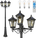 Lamp Post Lights 3-Head Outdoor Solar Post Lamp with High Posts, Dusk to Dawn Remote Control Waterproof Exterior Pillar Latern Hardwired Street Light for Patio Garden Walkway