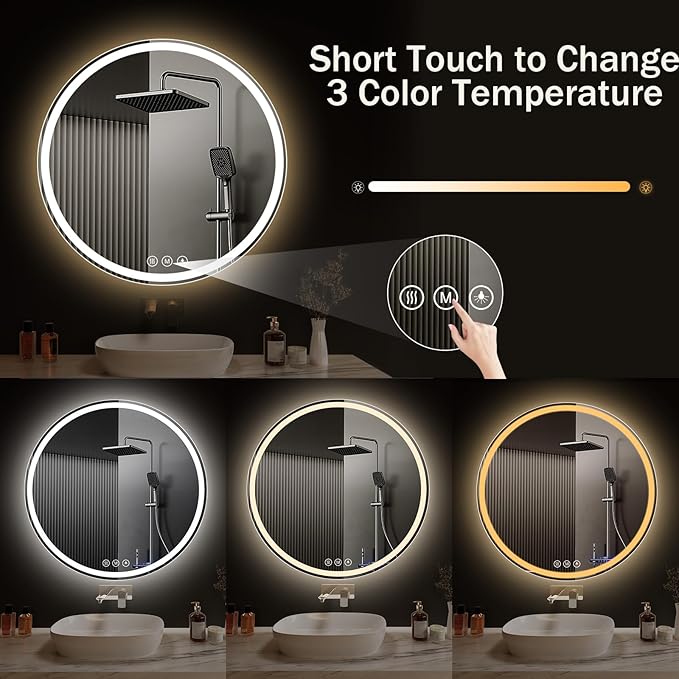 LED Bathroom Mirror 22 Inch Round Bathroom Mirror with Lights, Circle Wall Mirror with 3 Colors Brightness, Anti-Fog for Bathroom Vanity, Entryway Living Room