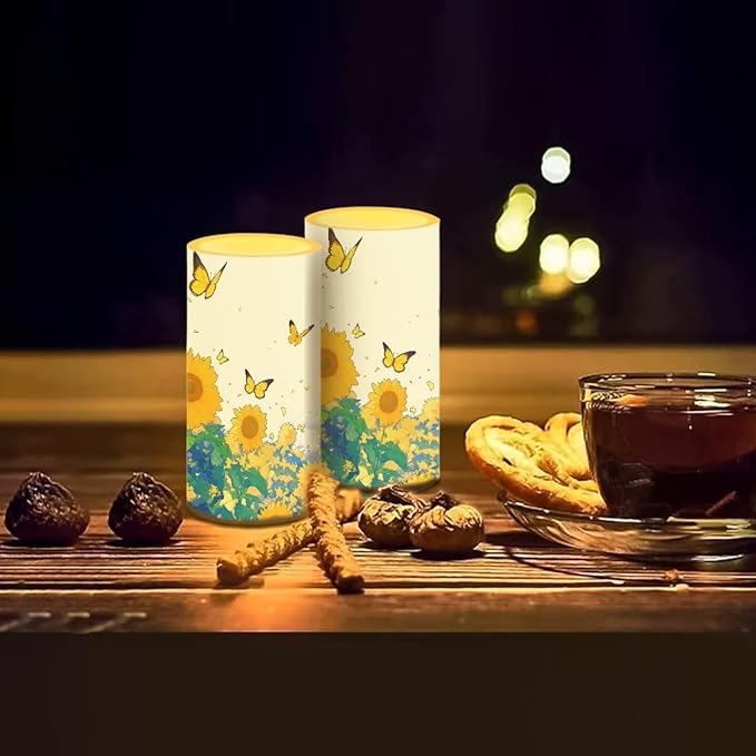 Sunflower Flameless Candles 2 Pack 6 x 3 inch Battery Operated Candles with Multicolor Timer Remote Control LED Fake Candles for Warm Light Dinner Table Home Decor