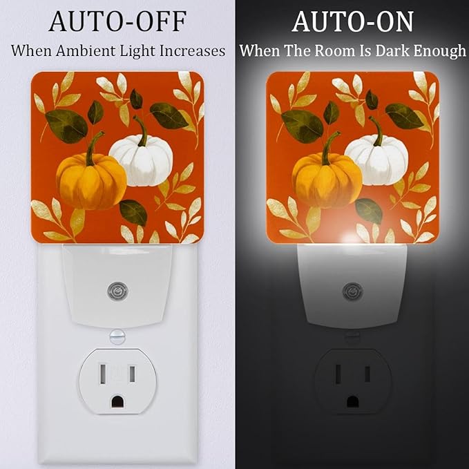 Thanksgiving Pumpkins a LED Night Light, Plug-in, Dusk-to-Dawn Sensor, Home Décor, Ideal for Bedroom, Bathroom, Nursery, Kitchen, Basement, 2 Pack