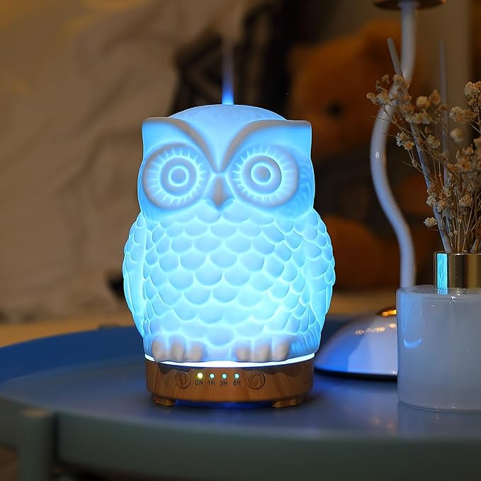Owl Ceramic Aromatherapy Diffuser INRORANS 160ml Stone ultrasonic Cool Mist Scent Essential Oil Diffuser Humidifier with Intermittent Mist & LED 7 Colors Changing Night Light for Bedroom Office Home