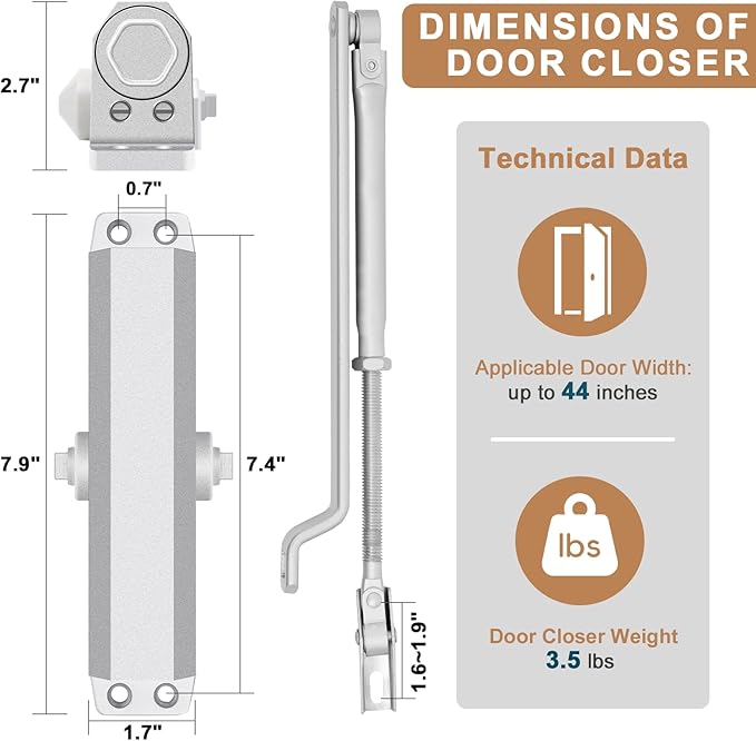 Commercial Door Closer, Automatic Door Closer (Sliver), Heavy Duty Hydraulic Door Soft Closer, Self-Closing Door Closer with Adjustable Speed, Fits 121-187lb Doors 23-44in, for Commercial or Home Use