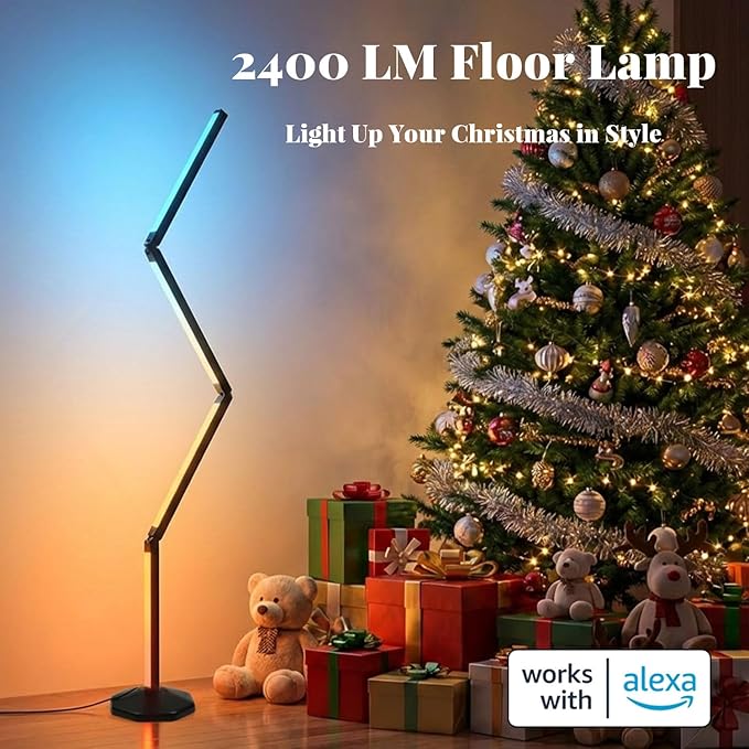 LED RGB Corner Floor Lamp Foldable Floor Light 2200K-6500K Tunable White with 16 Million Custom Colors Remote/App,Timer Setting (RGB Foldable Floor Lamp with Alexa Voice Control)