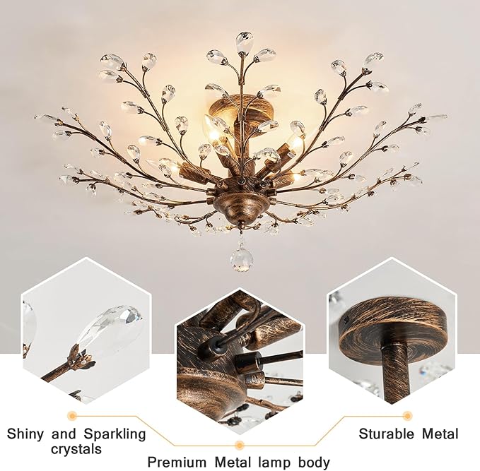 CVKASH 5 - Light Vintage Crystal Chandelier Modern Bronze Branche Ceiling Light Fixture Farmhouse for Kitchen Dining Room Living Room Bedroom Hallway Foyer