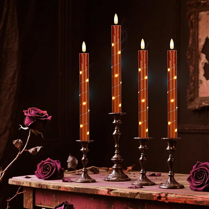 Flameless Taper Candles with Remote for Romantic Decorations，3D Flickering Flame Battery Operated LED Candles Arounded with Starlight String for Home Decoration, Pack of 6, Reddish Brown