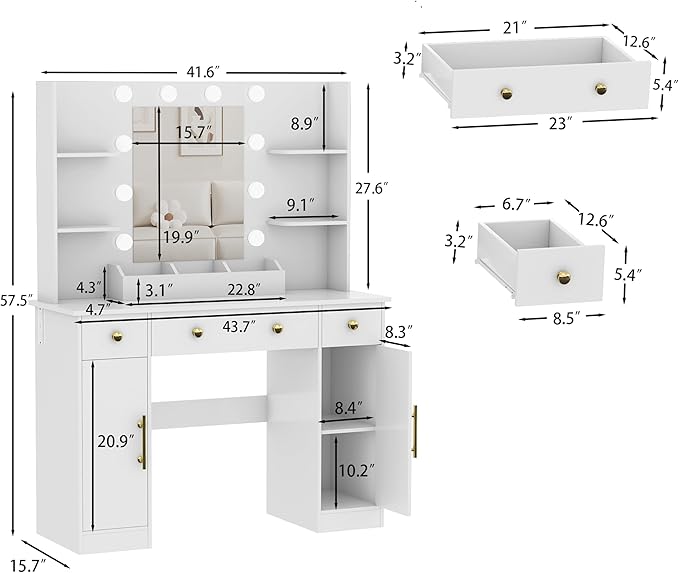 Vanity Desk with Mirror and Lights, Makeup Vanity with Mirror and LED Lights & Power Outlet, 3 Drawers and Cabinets, 3 Lighting Modes Dressing Table Set for Girls Women Bedroom, White