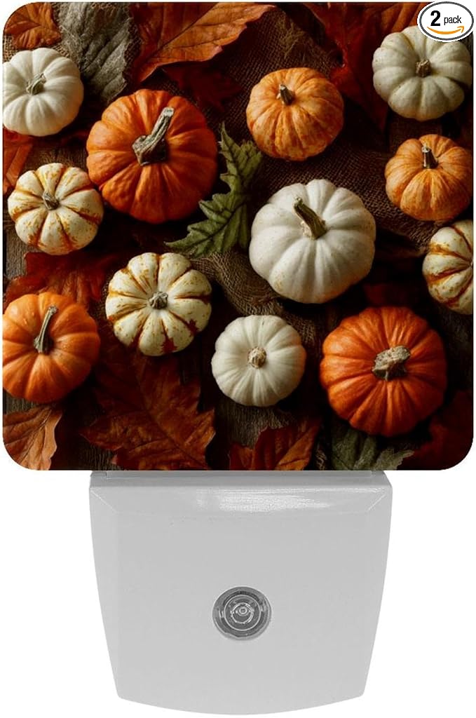 Thanksgiving Orange and White Pumpkins a (1) LED Night Light Plug-in, Dusk to Dawn Sensor, Energy Efficient, Ideal for Home Office Bedroom, Bathroom, Nursery, Hallway, Kitchen, 2 Pack