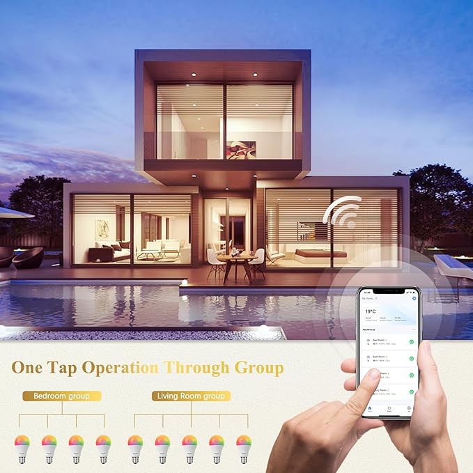 DiCUNO Smart Light Bulbs, Full Color Changing Bulb, Compatible with Alexa, Google Assistant, No Hub Required, RGBCW Multicolor Dimmable Smart LED WiFi Bluetooth A19 E26 9W 800LM Lights, 6-Pack