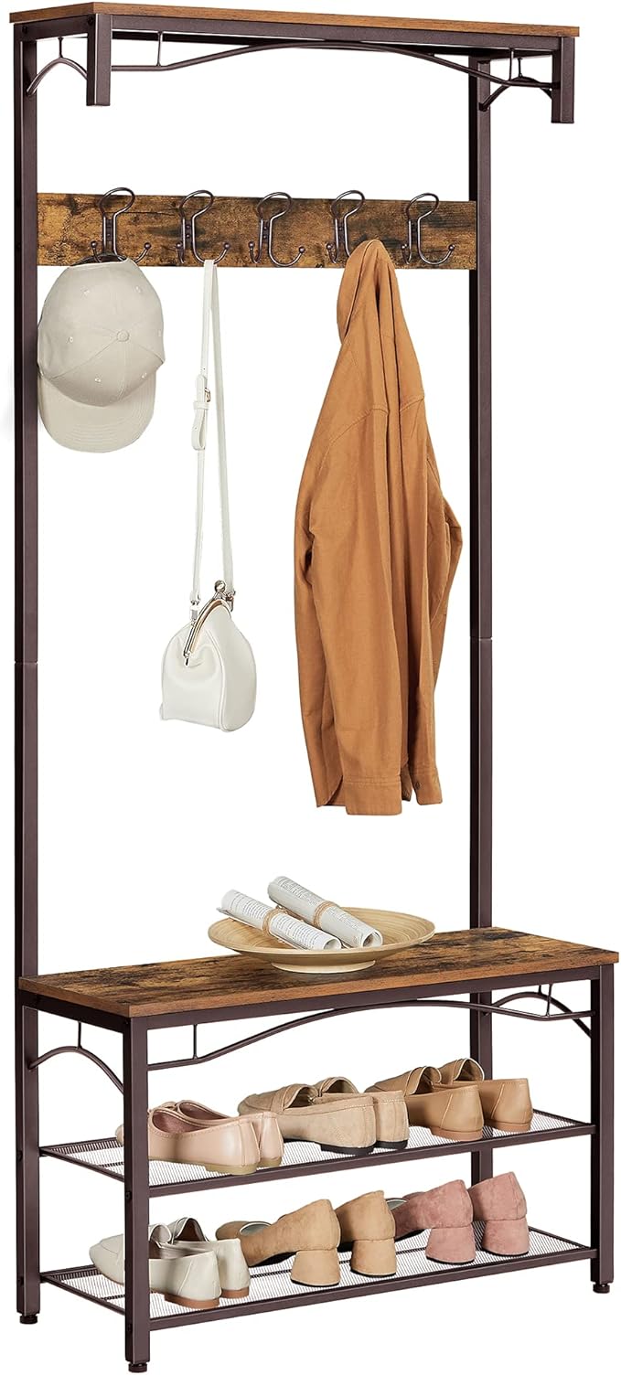 VASAGLE Coat Rack, 3-in-1 Hall Tree, Entryway Shoe Bench Coat Stand, Storage Shelves Accent Furniture Steel Frame Large Size, Industrial, Rustic Brown and Bronze UHSR45AX