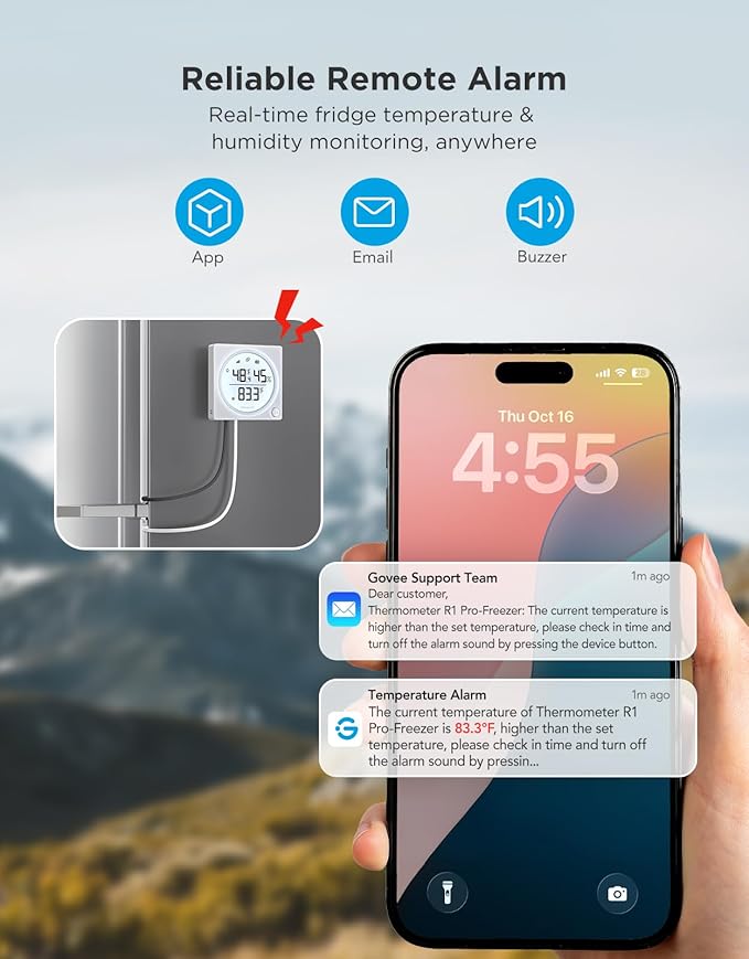 GoveeLife Upgraded Smart WiFi Refrigerator Thermometer Digital with Freezer Alarm, Wireless Magnetic Fridge Thermometer with Notification, LCD Display, Free Data Export for Fridge, Kitchen, Farming