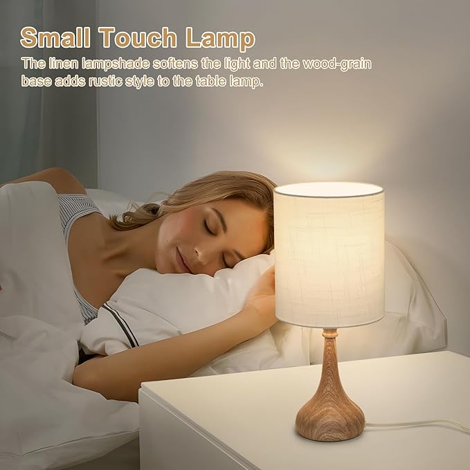 Boncoo Dimmable Small Table Lamp, Bedside Lamps Touch Control for Bedrooms Nightstand with Wood Grain Base, Desk Lamp Night Light for Office Living Room, 9W 3000K LED Bulb Included