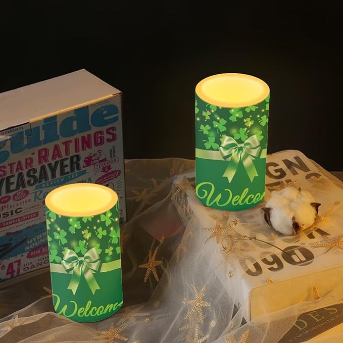St Patricks Day Decor Flameless Candles Battery Candles with Remote Control Green Bow LED Pillar Candles Electric Fake Plastic Candles for Home Room Bedroom Holiday Decorations Set of 2