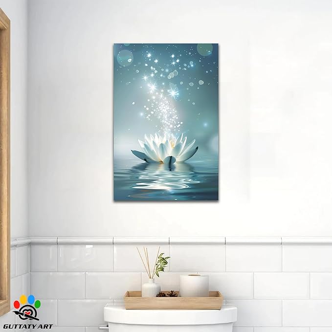Zen White Lotus Flower Canvas Wall Art, Lotus Flower Pictures Bathroom Zen Print, Spiritual Water Lily Canvas Prints, Lotus Bloom on Water Poster, Zen Calm Relax Artwork for Yoga Spa Room 24x36 inch