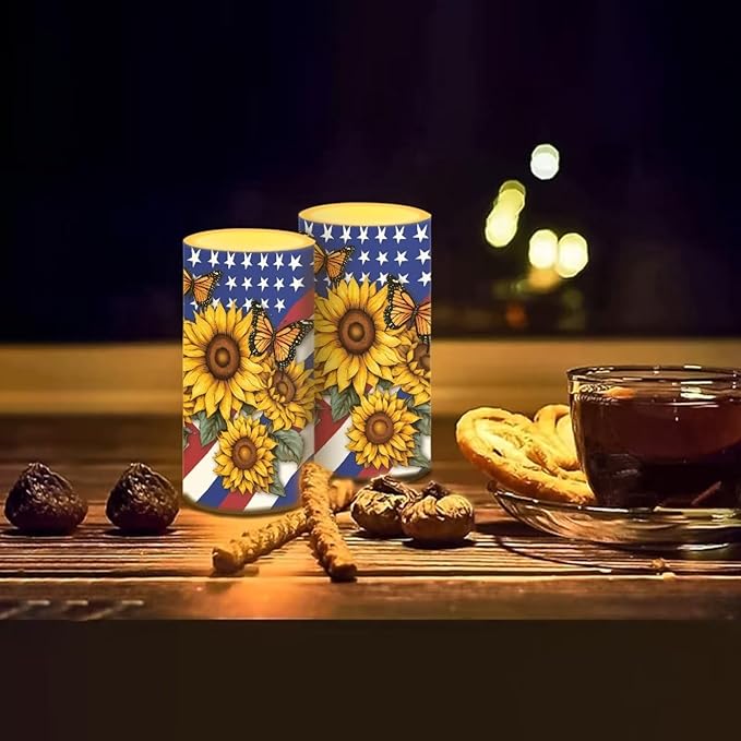 Independence Decorations Indoor Candles with Butterfly Sunflower American Flag Flameless Candles with Remote and Timer Set of 2 Battery Operated LED Candles for Festival Gift Home Room Decor