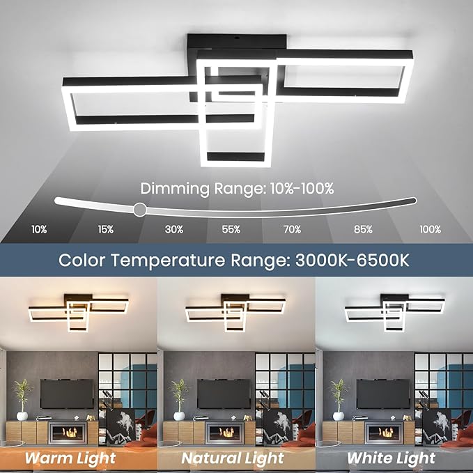 Modern Led Ceiling Light Fixtures, Black Flush Mount 3-Square Ceiling Light with Remote Control&APP, Dimmable, 40W Acrylic for Bedroom, Kitchen, Dining Room