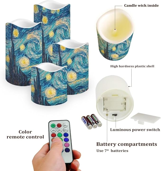 Starry Night Plastic Flameless Candles with Remote Control and Timer LED Flickering Battery Electric Pillar Candles for Table Decoration