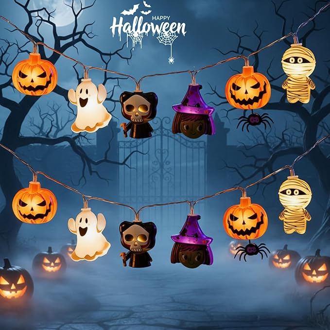 Halloween String Lights, 10 FT 20 LED Fall Fairy Lights USB & Battery Optional Halloween Decor Autumn Light 8 Flashing Modes Cute Skull String Lights 2025 Indoor Outdoor Decor for Home Yard Patio