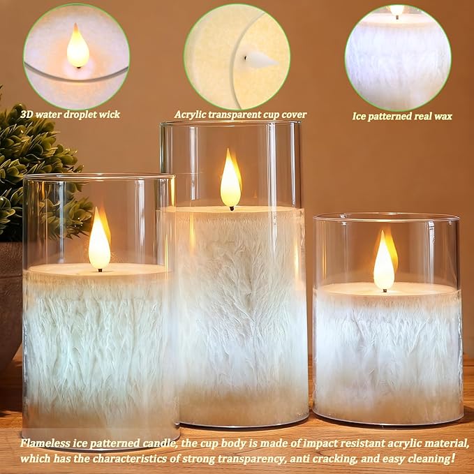 Ice Crystal Real Wax 12-Color Flameless Candles 3-Pack with Remote Timer, Battery Operated Multicolor LED Candles with Warm Flickering Flame for Christmas Wedding Home Decor (4/5/6 Inch)