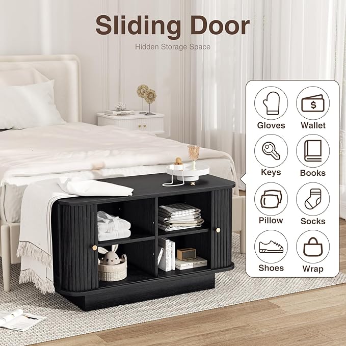 63" W Small Shoe Storage Bench, Shoe Bench Entryway with Sliding Doors and Adjustable Shelvs, Wooden Low Cabinet for Hallway, Living Room, Bedroom, Apartment, Dorm, Mudroom, Garage, Black, 2PCS