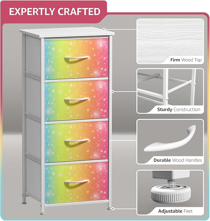 Sorbus Kids Dresser with 4 Drawers - Storage Chest Organizer Nightstand - Steel Frame, Wood Top, Tie-Dye Fabric Bins for Clothes - Wide Furniture for Bedroom, Hallway, Nursery, Closet, & Apartment