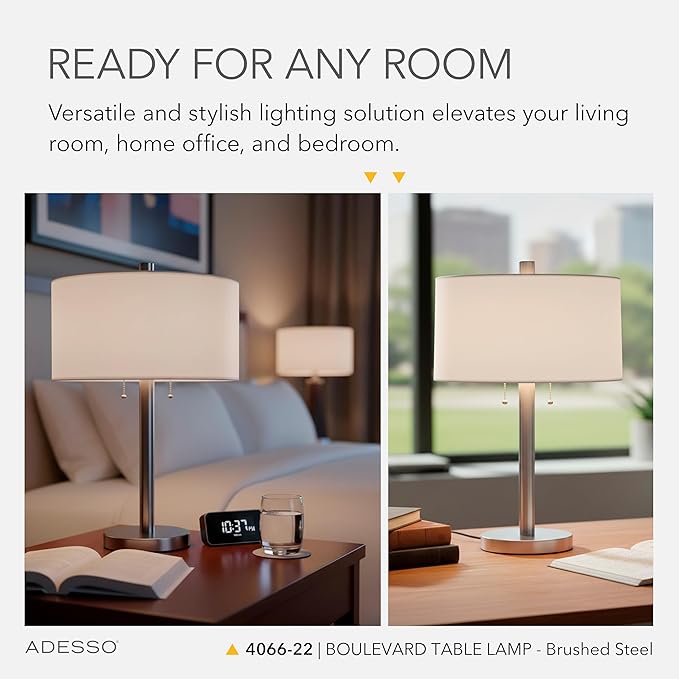 Adesso Brushed Steel Table Lamp with White Fabric Shade – Dual Socket Pull Chain Accent Light for Bedroom, Living Room, or Home Office, 28” Tall