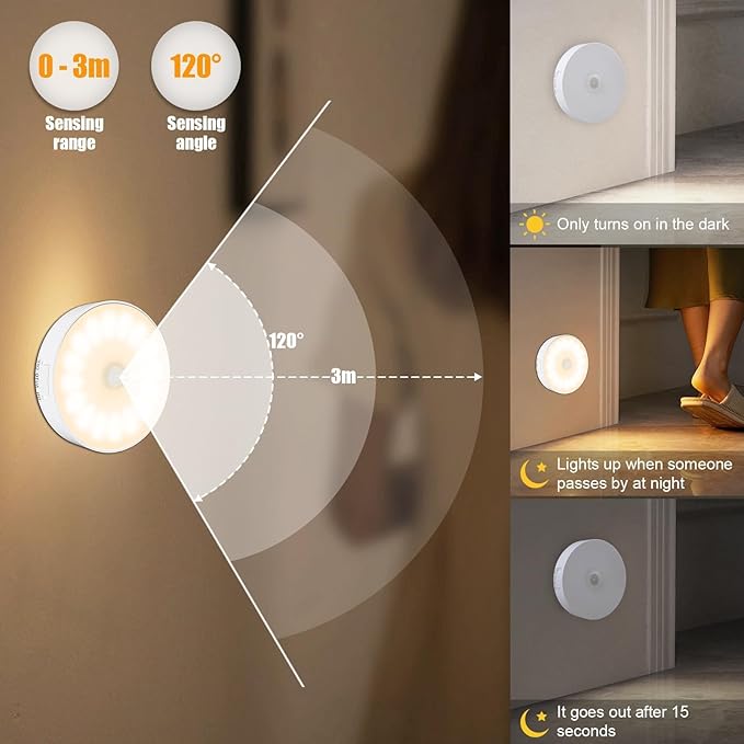 14 LEDs Motion Sensor Light Indoor, 6 Pack Upgraded Night Light USB Rechargeable, 3 Light Modes & Long Last Battery, Cordless Magnetic Nightlight for Bedroom, Closet, Hallway - Warm White