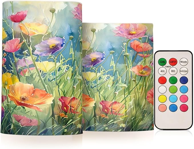 Watercolor Flower Pattern Flameless Candles Color Changing LED Candles with Remote Control Battery Candles for Outdoor and Indoor Home and Room Decoration, 3'' x 4''/5'' Set of 2 Pieces