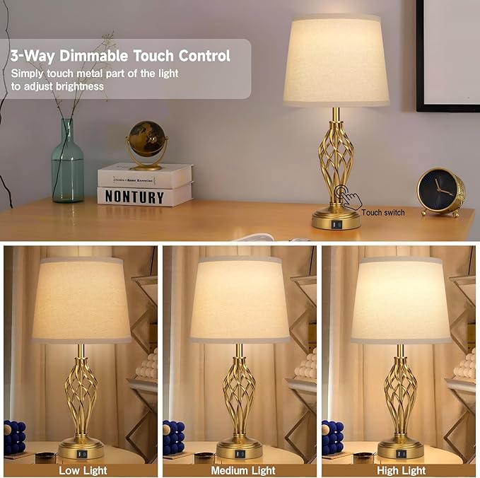 Touch Table Lamps Set of 2, nightstand lamp with USB Ports Bedside 3 Way Touch dimmer Desk lamp for Living Room Bedroom,Gold Plated Spiral cage Base Design Warm White dimmer Bulbs Included.