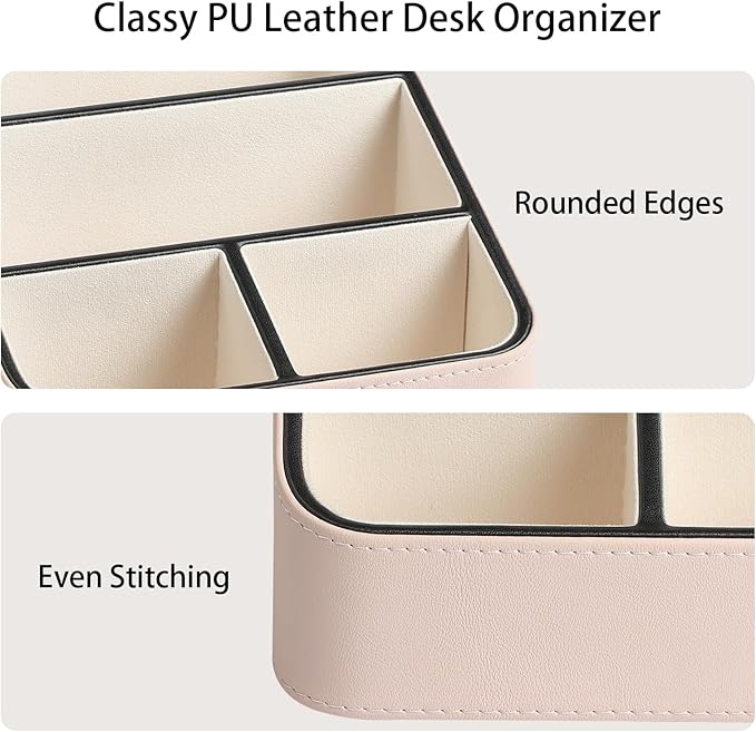 Remote Control Holder, PU Leather Small Desk Organizer with 4 Compartments, Nightstand Organizer Desk Caddy for Remote, Notepad, Phone, Glasses, and Accessories (Pink)
