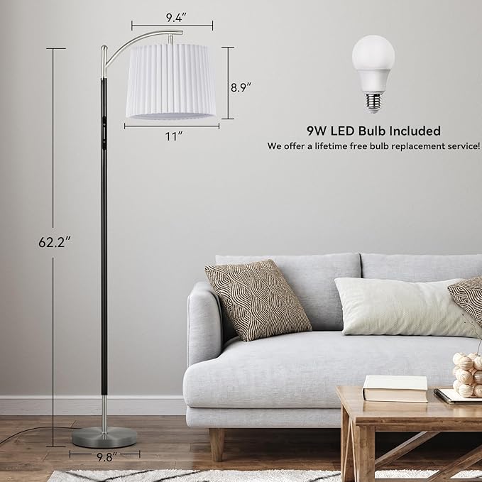 Etto Modern Dimmable Floor Lamp with Fabric & Pleated Shades, Remote & Touch Control, Adjustable Brightness & Color Temperatures, Tall Standing Lamp for Living Room Bedroom Office (Black Nicke)