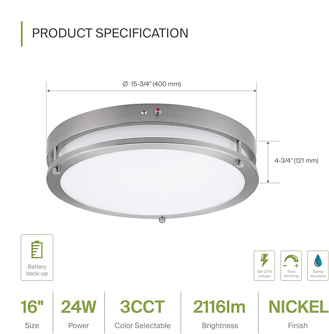 ASD LED 16" Round Flush Mount Lighting, Close to Ceiling Light Fixture | 3CCT, Dimmable, Battery Backup, ETL Listed | 24W 2116LM 3000-5000K 100-277V | Low Profile Double Ring Lamp | Nickel