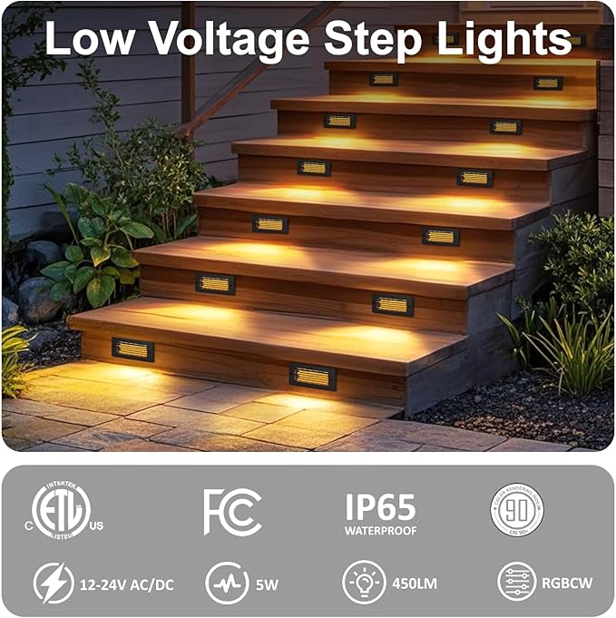 Low Voltage Step Lights, RGBCW, 5W, 8.7 Inch, Black, 12V LED RGB Color Changing for Wired Low Voltage Landscape Lighting of Outdoor Deck Stair Step Fence, Surface Mount, ETL, 6PK