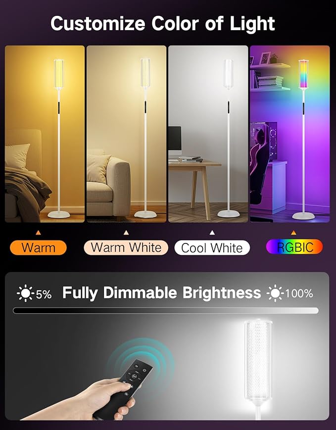 OUTON Corner Floor Lamp with Remote, Touch & App Control, RGB Color Changing Standing Lamp with 32 Modes, 360 Lighting, 3 Color Temperatures, Dimmable 66 in Tall Lamp for Living Room,White Glass