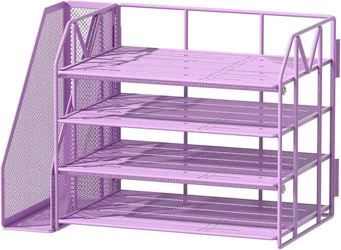 Purple Desk Organizers and Accessories with File Holder – Aesthetic Desk Accessories for Women – Decorative Office Set with Magazine Rack – Room Desk Accessories for Teen Girls Office Setup