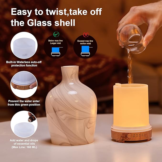 Classical Vase Art Glass Aromatherapy Diffuser 160ml ultrasonic Cool Mist Scent Aroma Essential Oil Diffu er Humidifier with Intermittent Mist & LED 7 Colorful Changing Night Light for Bedroom