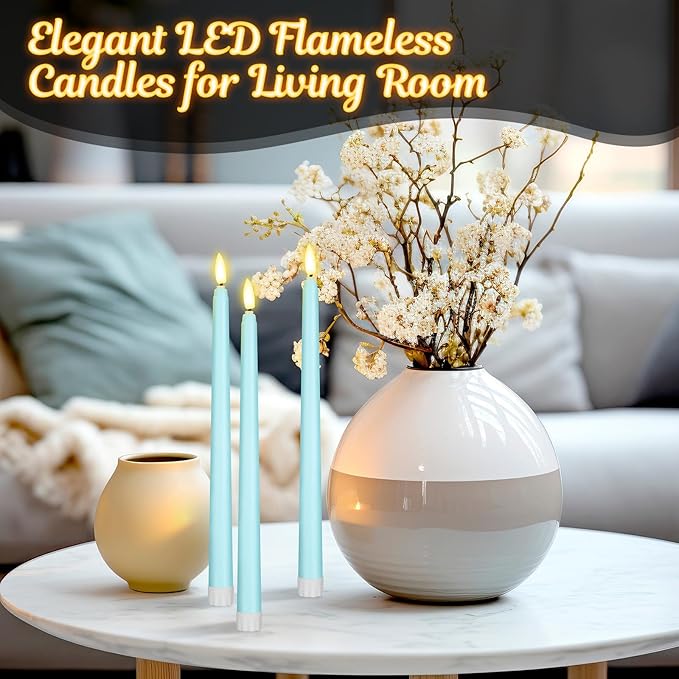 Macarrie 24 Packs Flameless Taper Candles Battery Operated Fake 11 Inch Long Candlelight LED Flameless Candlesticks Flickering Tapered for Spring Summer Wedding(Teal)