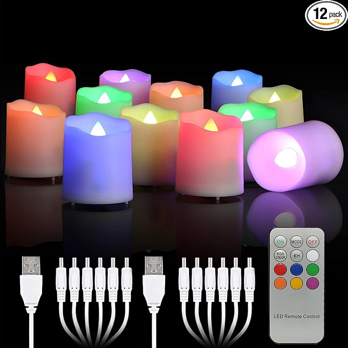 Rechargeable LED Color Changing Tea Lights USB Flameless Warm White Flickering Votive Candles with Remote for Halloween Christmas Romantic Home Decor