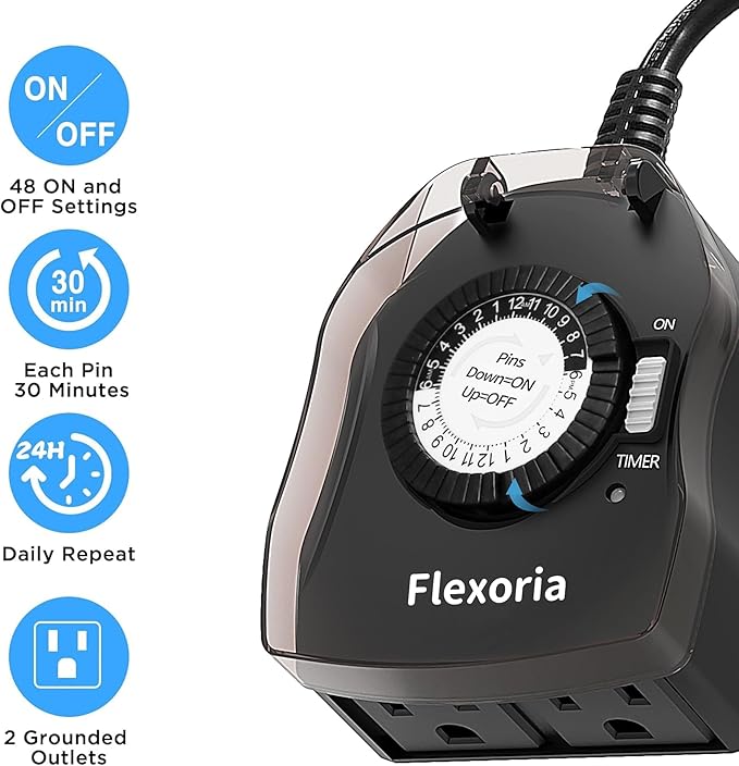 Outdoor Timer Outlet Waterproof, 24 Hour Mechanical Plug in Light Timer, 2 Grounded Outlets for Outdoor Lights, 15A 1/2 HP, ETL Listed (1 Pack)