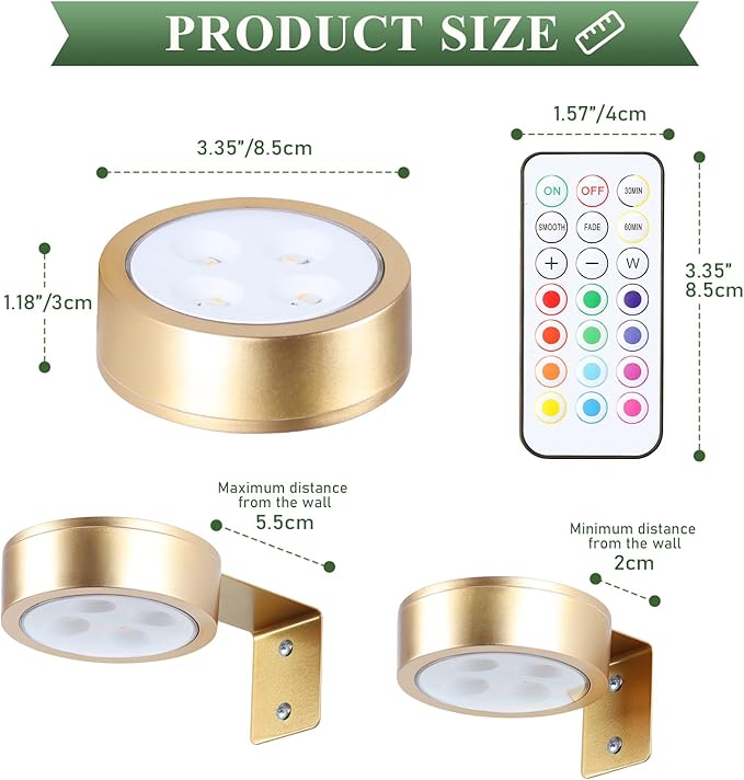 4-Pack Picture Light Battery Operated Painting Lights, 13 Color RGB Magnetic LED Display Art Light with Remote, Dimmable and Timer Portrait Light for Art Frame Artworking, Wall Decor Puck Light, Gold