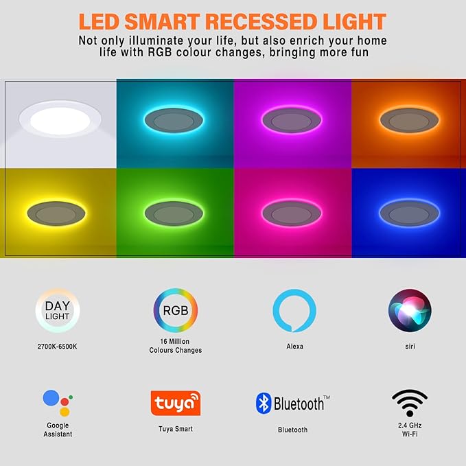 6Pack Smart RGB Recessed Lighting 4Inch,Ultra-Thin Canless LED Downlight,2.4GHz Wi-Fi Bluetooth, 2700K-6500K, 9W 810LM,Work with Tuya App,Alexa,Google Assistant,Sync Music