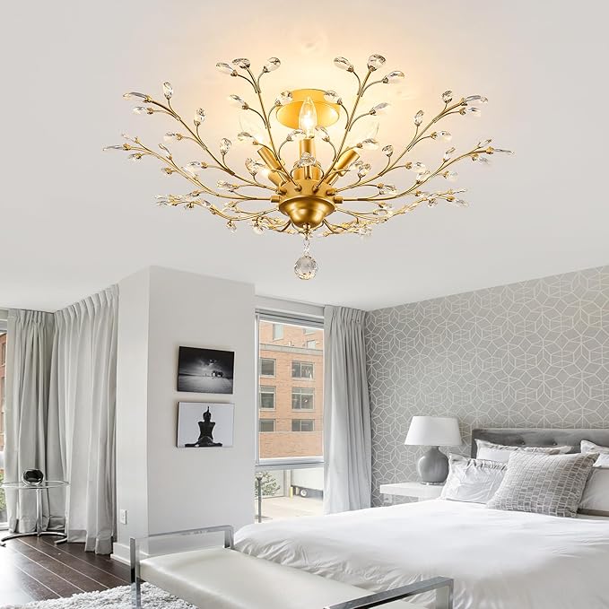 CVKASH 5-Light Vintage Small Crystal Chandelier Modern Brushed Gold Branche Ceiling Light Fixture Farmhouse for Kitchen Dining Room Living Room Bedroom Hallway Foyer