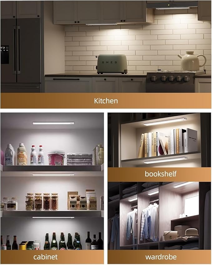 6Pack 16inch Under Cabinet Lighting, Rechargeable Motion Sensor Light Wireless Indoor, Dimmable 3 Color Temps Closet Lights with Remote, Under Counter LED Lights for Kitchen, Stairs