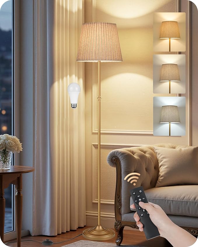 Dimmable Floor Lamp for Living Room, 68" Tall Standing Lamp, Reading Light with Remote & Foot Pedal, 10W LED Bulb (3000K-6500K) Included, FCC Listed, Reinforced Base, Gold and Beige DE12LD05