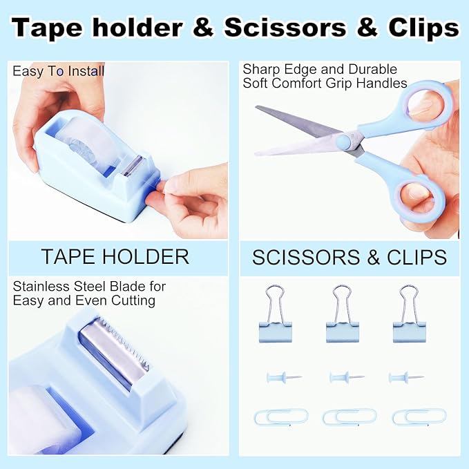 Blue Desk Organizers and Accessories Set with 360-Degree Rotating Pen Holder, Tape Dispenser, Stapler, Staple Remover, 1000 Staples, Tape, Clips Set, Ruler, Scissor, Pen