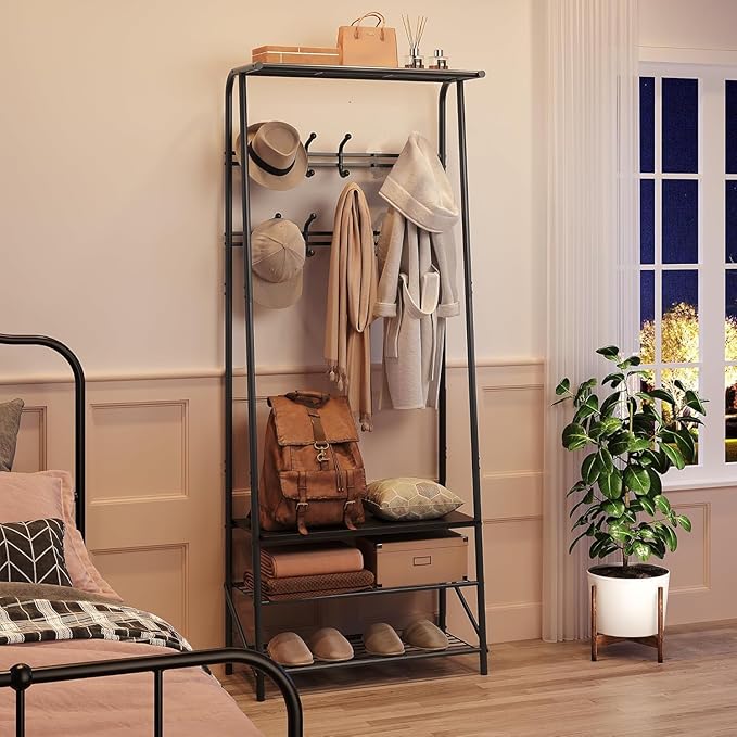 OUTLANE Entryway Hall Tree with 10 Hooks, Shoe Bench & Storage Shelf, Coat Rack Organizer with Wood Accents and Metal Frame for Entryway, Living Room, Bedroom, Black -Double row