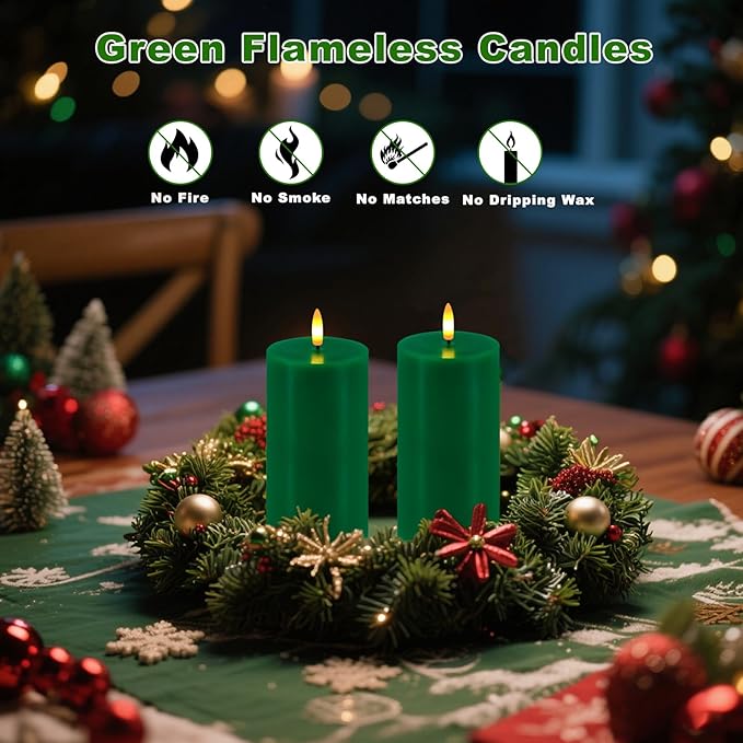 Green Flameless Candles, Set of 2 7"x3" Flickering LED Candles with Remote & Timer, Dimmable Electric Pillar Candles Battery Operated, Candles Light for Home St. Patrick's Christmas Decor (Green)