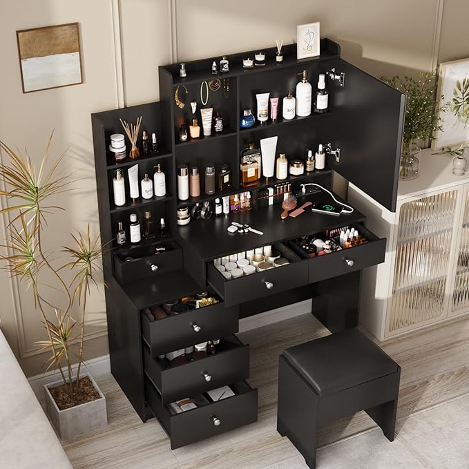 Black Vanity Desk Set with Led Mirror,Makeup Vanity Table with Power Strip,Dressing Table with Stool & Lots Drawers,3 Lighting Color Mirror,Brightness Adjustable