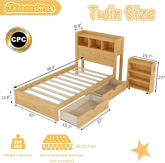 Kids Twin Bed Frame with Drawers & Storage Headboard, Solid Wood Platform Bed with Pull-Out Cabinet, Built-in LED Light & Charging Station, No Box Spring Needed, Natural